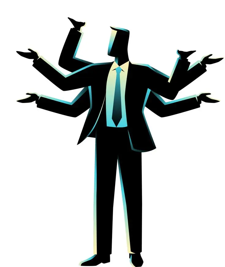 a stylized illustation of businessperson with multipal arams best freelance digital marketer in kannur