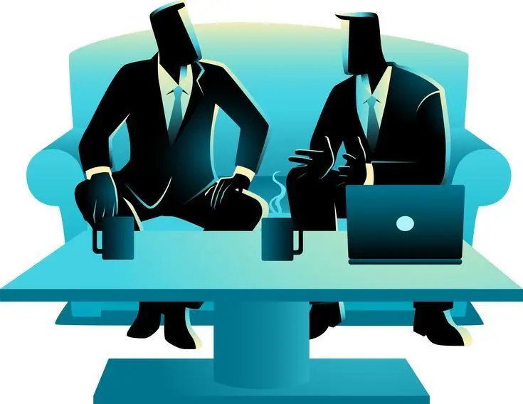 two faceless businessmen in suits sitting on conch engeged in conversation best freelance digital marketer in kannur